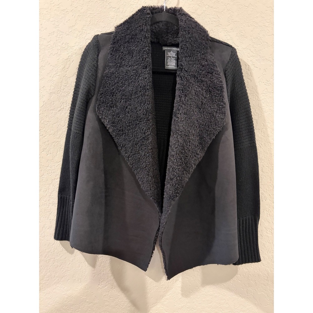 Chelsea & Theodore Black Faux Suede Fur Mixed Media Knit Cardigan Jacket Small
